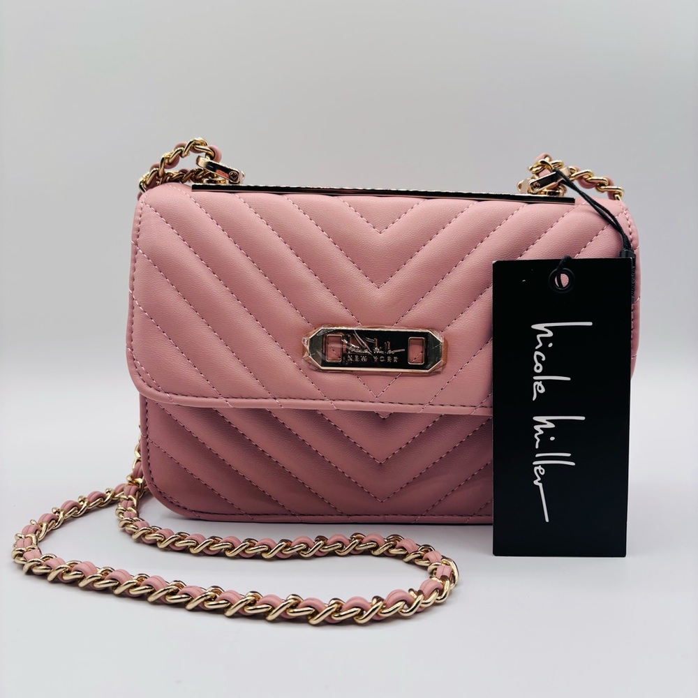 Nicole Miller Blush Quilted Chevron Chain Strap Shoulder Bag Purse Gold Hardware